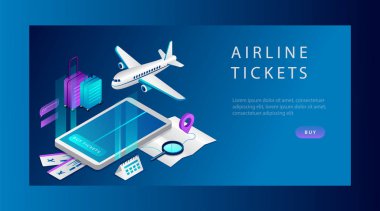İş ve seyahat için uçak biletlerinin Isometric kavramı. Web sitesi İniş Sayfası. Havayolu Biletleri Satın Alma veya İnternetten Rezervasyon. İş için uçak bileti, tatil. Web Sayfası Çizgi Film Vektör İllüstrasyonu