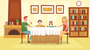 Aile zamanı kavramı. Ailenin şöminenin yanındaki oturma odasında ortak bir akşam yemeği var. İnsanlar iletişim kuruyor, eğleniyor ve birlikte vakit geçiriyorlar. Çizgi film Düz Stili. Vektör İllüstrasyonu