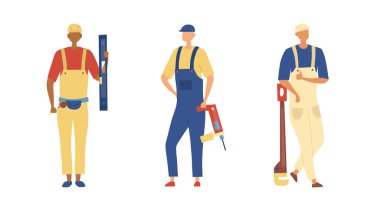 Tadilat ve İnşaat Konsepti. Bornozlu İnşaat Mühendisleri ve İnşaatçıları Ekipmanları Beyaz Arkaplanda İzole Edildi. Çizgi film Düz Stili. Vektör İllüstrasyonu