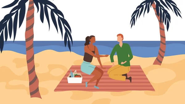 Concepto de citas. Pareja enamorada hacer un picnic en la costa. La gente se comunica, come, pasa tiempo juntos, disfrutando de la puesta de sol en la playa de Palm Beach, junto al mar. Dibujos animados estilo plano. Ilustración vectorial — Archivo Imágenes Vectoriales