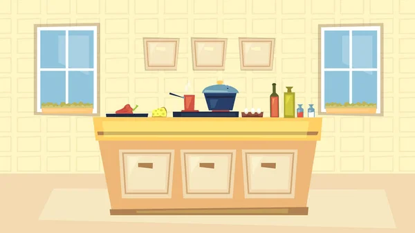 Dapur Bagian Dalam dan Konsep Memasak. Modern Kitchen Interior With Big Windows, Table With Ingredients For Cooking, Pictures And Kitchen Stove (dalam bahasa Inggris). Cartoon Flat Style. Ilustrasi Vektor - Stok Vektor