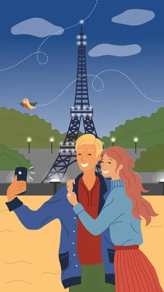 Dating and Travel Concept.Man and Woman Make Selfie On The Eiffel Tower Background.Dating Selfie Photo Modern People Lifestyle, Composition With Lovers Couple. Мультфильм в плоском стиле. Векторная иллюстрация — стоковый вектор