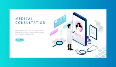 Çevrimiçi Tıbbi Danışmanlık Isometric kavramı. Web sitesi İniş Sayfası. Doktor randevusundaki kadın. Doktor randevusu için online rezervasyon kavramı. Web Sayfası Vektör İllüstrasyonu