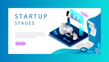 Başlangıç Aşamalarının Isometric kavramı. Web sitesi İniş Sayfası. Küçük insanlar başlangıç aşamalarını inceliyor ve geliştiriyor. Yeni bir iş kurmak için ticari başlangıç aşamaları. Web Sayfası Vektör İllüstrasyonu