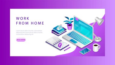 Isometric 3D Ev Kavramından Çalışır. Web sitesi İniş Sayfası. Bilgisayar, takvim, belgeler ve bir fincan kahveyle serbest çalışma yeri. Çalışma araçları olan uzak çalışma yeri. Web Sayfası Vektör İllüstrasyonu
