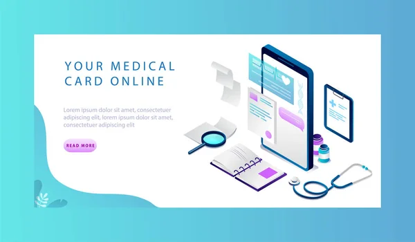 Ισομετρική έννοια της on-line ιατρικής κάρτας. Ιστοσελίδα Landing Page. Ψηφιακή ιατρική κάρτα ασθενών. Υγιεινή και ιατρική έννοια. Ηλεκτρονική ιατρική γνωμάτευση. Εικονογράφηση τομέα κινουμένων σχεδίων ιστοσελίδας — Διανυσματικό Αρχείο