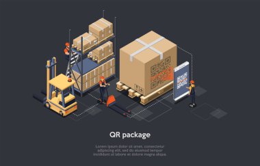 Isometric Concept of Warehouse, Lojistik Teslimat Servisi ve Personel. İşçiler malları sınıflandırıyor, tarıyor. İşçi yükleme ve sevkiyattan önce QR Paket kodunu tarıyor. Vektör illüstrasyonu