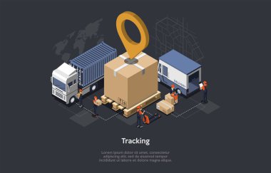 Isome Depo Konsepti, GPS Paketleri İzleme. Çalışanlar tarıyor, malları yüklüyor. Mukavva bir pakette GPS Konumu. GPS 'in Sevkiyatları İzleme Olasılığı. Vektör illüstrasyonu