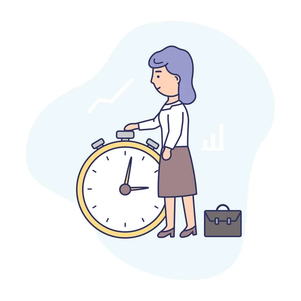 Concepto de Gestión del Tiempo. La mujer de negocios está cerca de Big Stop Watch. Concepto de Planificación del Tiempo de Trabajo, Plazos y Procrastinación. Dibujos animados Linear Outline Flat Style. Ilustración vectorial — Archivo Imágenes Vectoriales