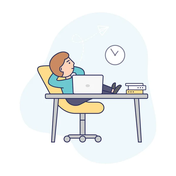 Conceito de Prazo, Prazo e Desperdício de Tempo. O empresário procrastinante está sentado no local de trabalho com pernas na mesa do escritório. O homem está a relaxar do trabalho no escritório. Delinear ilustração vetorial plana linear —  Vetores de Stock