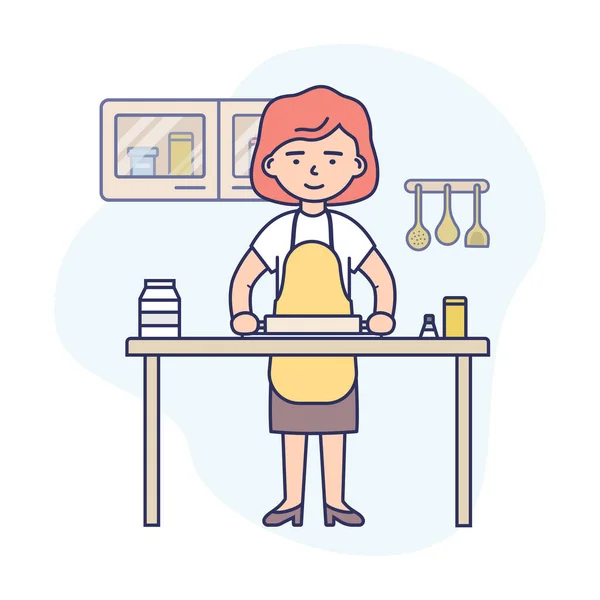 料理のコンセプト。幸せな女性は台所で料理をしています。女は台所のテーブルの上で生地を展開しています.主婦は健康食品を調理しています.漫画フラットアウトラインリニアベクトルイラスト — ストックベクタ
