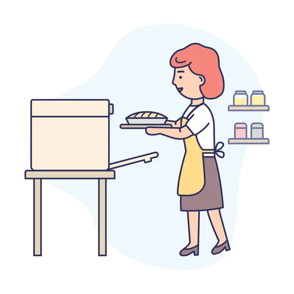 Koken Concept. Gelukkige vrouw kookt eten in de keuken, bakt lekkere taart. De vrouw haalt de taart uit de oven. Huisvrouw kookt gezond voedsel. Cartoon Flat Outline Lineaire Vector Illustratie — Stockvector