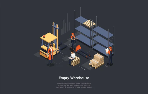 Concept isométrique de l'entrepôt. Processus de travail à l'entrepôt. Entrepôt vide et personnel de travail. Gestionnaire avec tablette surveille le processus de chargement et de déchargement du fret. Illustration vectorielle — Image vectorielle