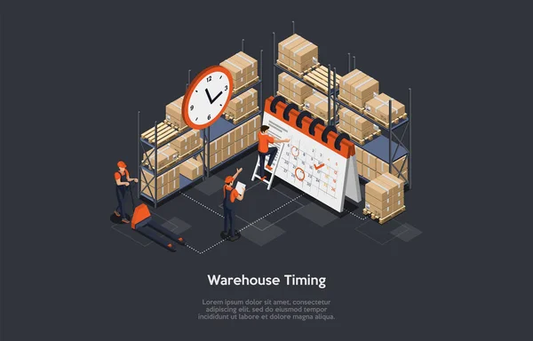 Isometric Concept Of Warehouse Timing.Work Process In Warehouse With Personnel. Manager With Tablet Is Monitoring The Process of Work.Workers Meet The Deadline Of Shipment Goods. Vector illustration — Stock Vector