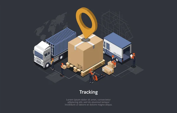 Isome Depo Konsepti, GPS Paketleri İzleme. Çalışanlar tarıyor, malları yüklüyor. Mukavva bir pakette GPS Konumu. GPS 'in Sevkiyatları İzleme Olasılığı. Vektör illüstrasyonu