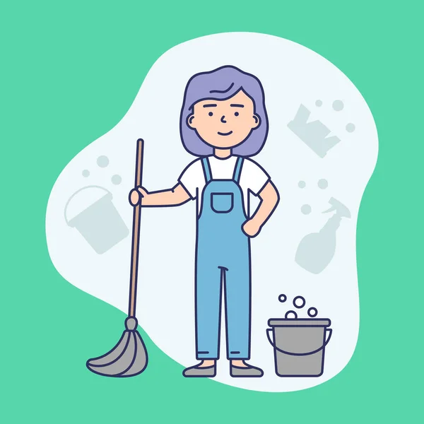 Servicio de limpieza Concepto. Mujer en uniforme con una MOP y un cubo listo para limpiar el hogar y la oficina. Resumen Antecedentes. Empresa de Limpieza Trabajadora. Esquema lineal Dibujos animados Estilo plano. Ilustración vectorial — Vector de stock