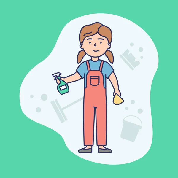 Cleaning Service Concept. Janitorial Worker In Uniform With Cleaning Equipment Tools Ready Do Work. Multi Purpose Janitorial Cleaning Service. Linear Outline Cartoon Flat Style.Vector Illustration — Stock Vector