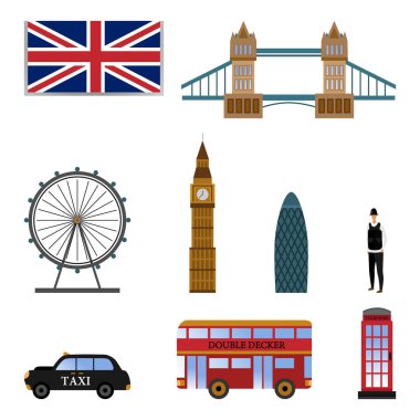 Dünya Turizmi ve İngiltere Seyahati Konsepti. Büyük Britanya 'nın ünlü simgeleri. Ünlü Simgeleri ve Sembolleri olan Londra Turistik Posteri. Şehir Ünlü Yerleri. Çizgi film tarzı. Vektör illüstrasyonu