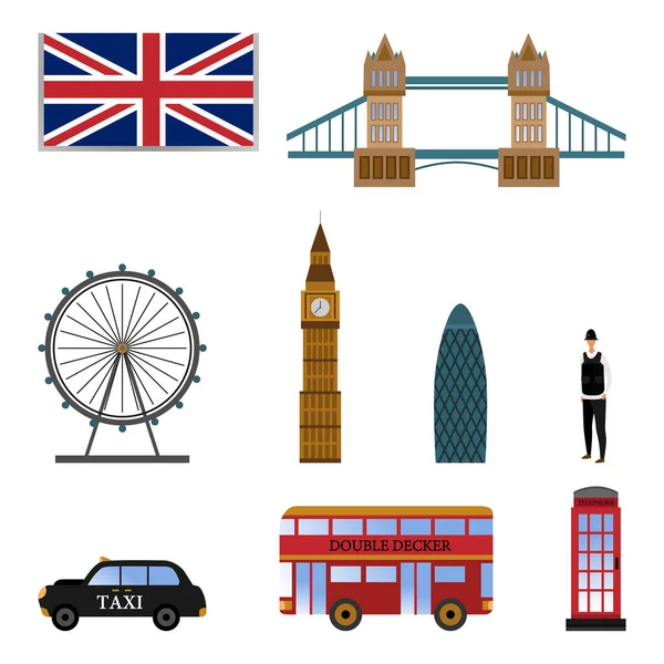 Världsturism och resor till England Concept. Berömda landmärken i Storbritannien. London turistiska affisch med berömda landmärken och symboler. Stadskända platser. Tecknad platt stil. Vektorillustration — Stock vektor