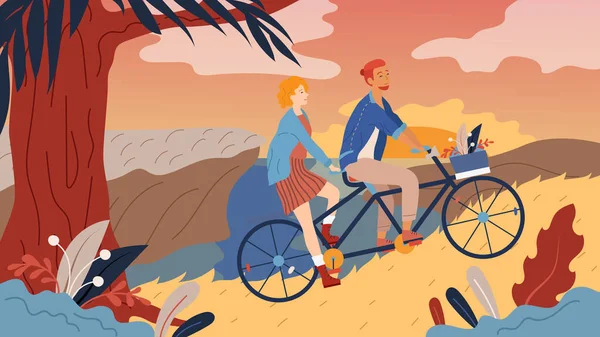 Unga kärleksfulla par har roligt, Riding Tandem cykel tillsammans vid gatan i parken. Sommarsemester, Reservtid, Fritid, Romantisk Resa. Kärleksrelationer. Platt vektor Illustration — Stock vektor