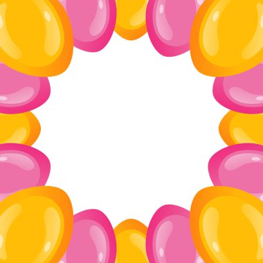 Paskalya kartpostalının şablonu. Paskalya Yumurtaları Süslemesi. Beyaz arka planda izole edilmiş çok renkli Paskalya Yumurtaları. En iyi Paskalya dilekleri. Çizgi film Düz Stili. Vektör illüstrasyonu