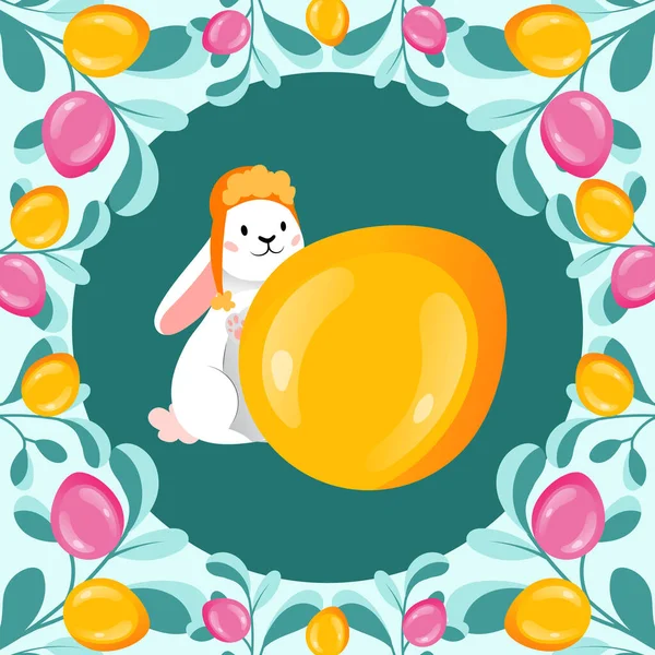 Template Of Happy Easter Postcard. Gold Glitter Paschal Egg And Cute White Rabbit With Easter Ornate. Greeting Inscription Happy Easter With Gold Easter Egg. Cartoon Flat Style. Vector illustration — Stock Vector