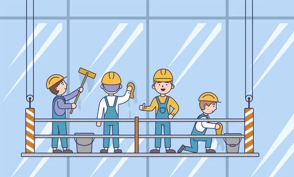 Concepto de limpieza de ventanas industriales. Window Wash Team está lavando ventanas de rascacielos modernos. Servicio profesional de limpieza de ventanas y rascacielos. Dibujos animados Esquema lineal Ilustración de vectores planos — Vector de stock