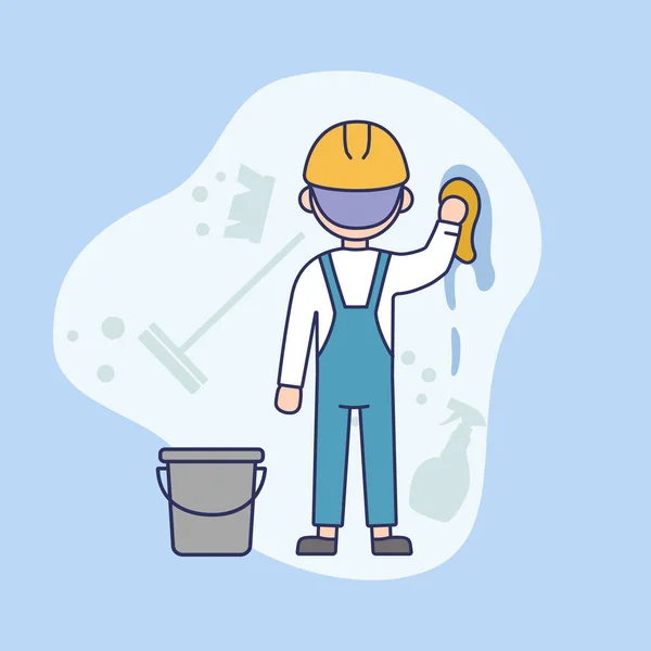 Industrial Cleaning Service Concept. Industrial Worker With Cleaning Tools At Work. Professional Windows Washing And Skyscraper Cleaning Service. Cartoon Linear Outline Flat Vector Illustration — Stock Vector