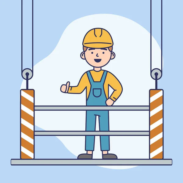 Concept Of Work On Height. Builder In Uniform Standing On Construction Platform, Showing Thumb Up. Man in Helmet and Uniform Work On Height.Abstract Background. Cartoon Flat Style.Vector Illustration — Stock Vector