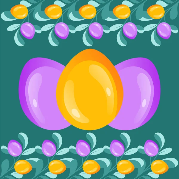 Gelukkige Pasen Beste wensen Template. Veelkleurige Ornament Easter Eggs met gouden glitter Paschal Eggs op de achtergrond van de munttonen. Beste wensen voor Pasen. Cartoon Flat Style. Vectorillustratie — Stockvector