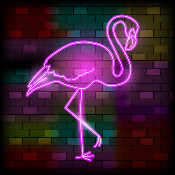 Vip Neon Iconos. Letrero luminoso nocturno, banner de luz brillante. Flamingo rosa en el fondo de la pared de ladrillo oscuro. Icono de iluminación de neón. Club o concepto de bar sobre fondo oscuro. Ilustración de vectores planos — Vector de stock