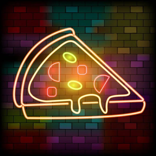 Vip Neon Iconen. Nacht Helder Signboard, Gloeiend Licht Banner. Neon Piece of Pizza op de Dark Brick Wall achtergrond. Neon Lighting Club of Bar Concept op donkere achtergrond. Platte vectorillustratie — Stockvector