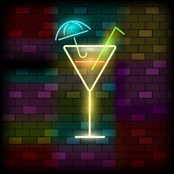 Icone Vip Neon. Segnaletica luminosa di notte, insegna luminosa luminosa. Cocktail ombrello al neon sullo sfondo della parete di mattoni scuri. Neon Lighting Club o Bar Concept su sfondo scuro. Illustrazione vettoriale piatta — Vettoriale Stock