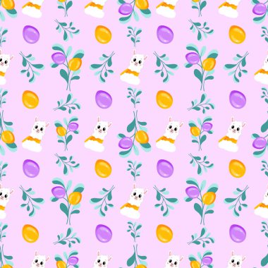 Kusursuz Paskalya kartpostalınız kutlu olsun. Pembe arka planda kuzulu kusursuz renkli Paskalya yumurtası deseni. Kartpostal ve ambalaj kağıdı tasarımı. Çizgi film Düz Stili. Vektör illüstrasyonu