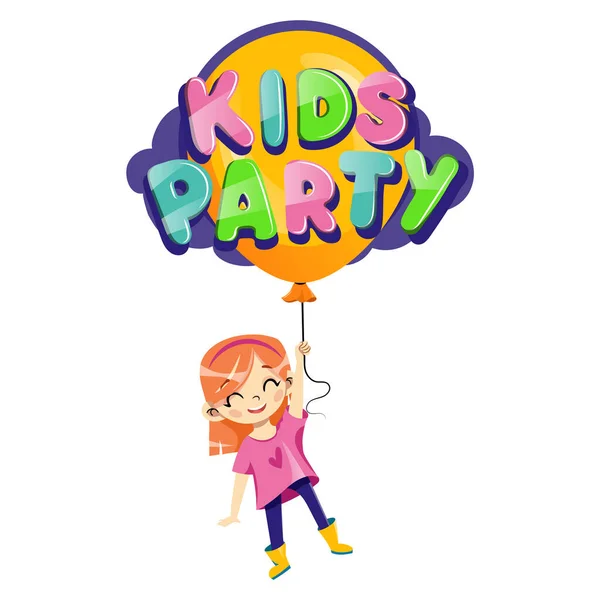 Kids Party Einladungskonzept. Glückliches junges Mädchen mit buntem Luftballon und Kinderparty-Aufschrift isoliert auf dem weißen Hintergrund. Einladung zur Geburtstagsparty. Cartoon Flat Style. Vektorillustration — Stockvektor