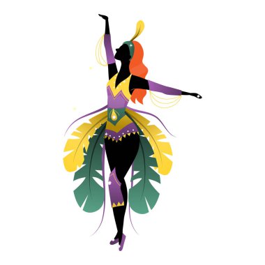 Brezilyalı Samba Dansçısı. Kız Festivalde Dans Kostümünde. Tavus kuşu tüylü güzel Samba Dansçısı Turkuaz Şenlik Elbisesi Dans Ediyor. Çizgi film tarzı. Vektör illüstrasyonu