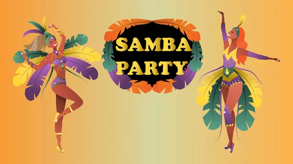 Βραζιλιάνοι χορευτές σάμπα. Όμορφη Καρναβάλι Κορίτσια Είναι Στο Φεστιβάλ Φορεσιά Με Samba Κόμμα Επιγραφή. Όμορφες γυναίκες με στολή Φεστιβάλ χορεύουν. Στυλ καρτούν. Εικονογράφηση διανύσματος — Διανυσματικό Αρχείο