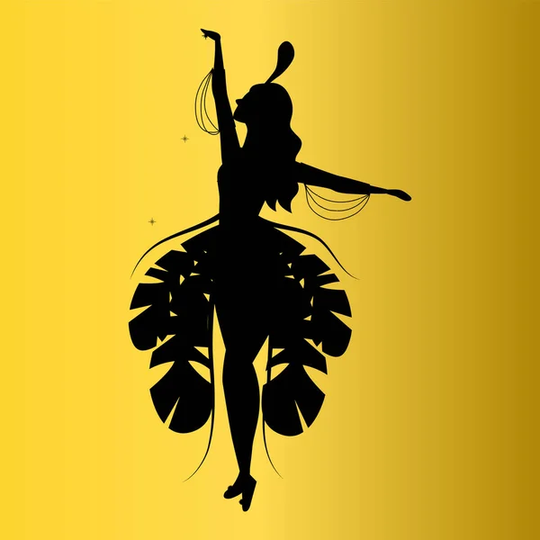 Brazil Carnival Concept. Black Silhouette Of Girl In Carnival Costume On Golden Background. Beautiful Carnival Woman Wearing a Festival Costume is Dancing. Cartoon Flat style. Vector illustration