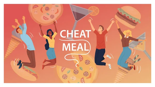 Cheat Meal Concept. Multiracial Happy People, Are Jumping Of Happy Among Junk Food. Cocktails, Pizza, Ice cream, Hamburger, Hot Dog. People Eat Fast Food. Cartoon Flat Style. Vector Illustration — Stock Vector