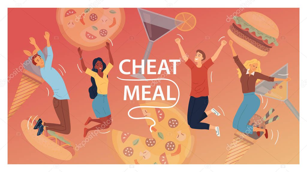 Cheat Meal Concept. Multiracial Happy People, Are Jumping Of Happy Among Junk Food. Cocktails, Pizza, Ice cream, Hamburger, Hot Dog. People Eat Fast Food. Cartoon Flat Style. Vector Illustration