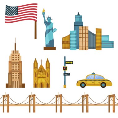 New York Sembolleri ve Ünlü Sembolleri Seti. Kompozisyon ambalaj kağıdı, duvar kağıdı, desen dolguları, web sayfası arkaplanı için kullanılabilir. Çizgi film Düz Stili. Vektör İllüstrasyonu