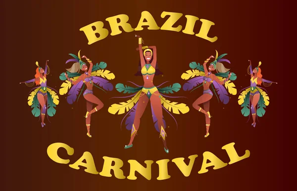 Βραζιλία Καρναβάλι και Πολιτισμός Concept. Βραζιλιάνοι χορευτές Samba με αποκριάτικες στολές χορεύουν. Όμορφες γυναίκες καρναβάλι φορώντας ένα κοστούμι Φεστιβάλ και χορό. Στυλ καρτούν. Εικονογράφηση διανύσματος — Διανυσματικό Αρχείο