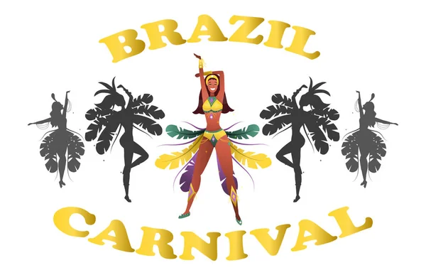 Brésil Carnival Concept. Des danseurs brésiliens en costumes de carnaval dansent. Belles femmes de carnaval en robe de fête turquoise avec des plumes de paon Danse. Cartoon style plat. Illustration vectorielle — Image vectorielle