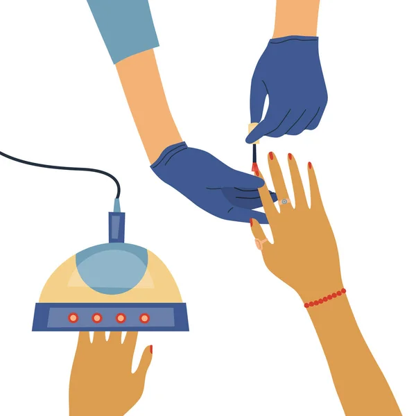 Hands of Manicurist Performing Manicure To Customer. One Hand Of Customer or Client In Manicure Drying Machine. Nails Professional Care, Top View. Beauty Salon. Cartoon Flat Style. Vector Illustration — Stok Vektör