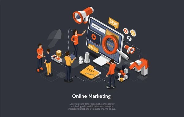 Concepto de Marketing Online. Estrategias de Internet y Desarrollo, Redes Sociales, Meta de Negocios. Los especialistas en marketing analizan datos y desarrollan estrategias de promoción de productos y de puesta en marcha. Ilustración de vectores isométricos — Archivo Imágenes Vectoriales