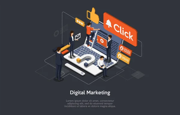 Digital Marketing, Searching Trends. Internet, Stratégie et développement, Médias sociaux, Business Goal. Les spécialistes du marketing analysent les données, élaborent une stratégie de promotion des produits. Illustration vectorielle isométrique — Image vectorielle