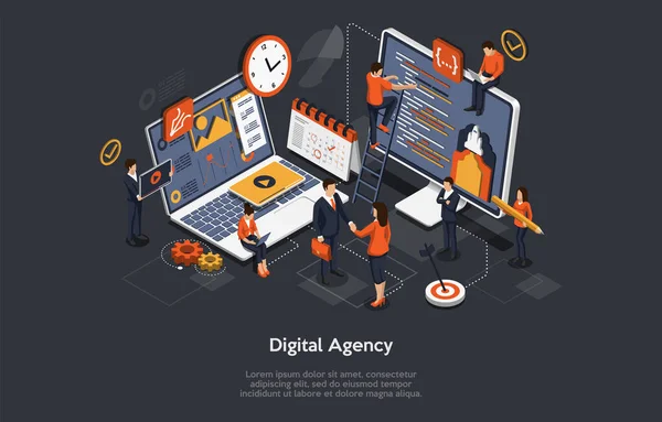 Digital Agency Concept. A Team of People Builds a Chart and Graphs. Digital Projects, Clients Brief. The Concept of the Idea of Marketing, Strategy, Data Analysis. Isometric Vector Illustration — Stock Vector