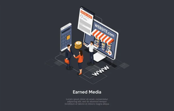 Médias gagnés, publicité numérique, publicité en ligne, concept de marque et éditeur promotion. Personnes Élaborer des sites Web, de la publicité et des stratégies axées sur le marché. Illustration vectorielle isométrique — Image vectorielle