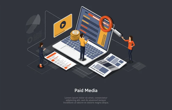 Placené Media Marketing Concept, Pay Per Click, Ppc Campaign, Marketingová platforma, Online Documentation Inspection, Vývoj identity. Placená média, digitální audit. Izometrická vektorová ilustrace — Stockový vektor