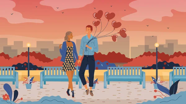 Romantische relatie, People Dating Concept. Verliefd stel loopt langs de straat in het stadspark met uitzicht op het romantische stadsgezicht. Guy geeft de Meisjesballonnen. Cartoon Flat Vector illustratie — Stockvector